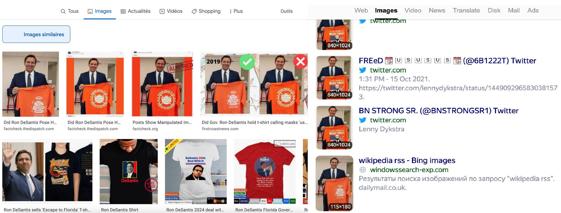 Des résultats de recherche d'image inversée montrés à l'écran d'un ordinateur, en utilisant l'exemple d'une photo trafiquée du gouverneur Ron DeSantis qui tient un t-shirt de couleur orange.