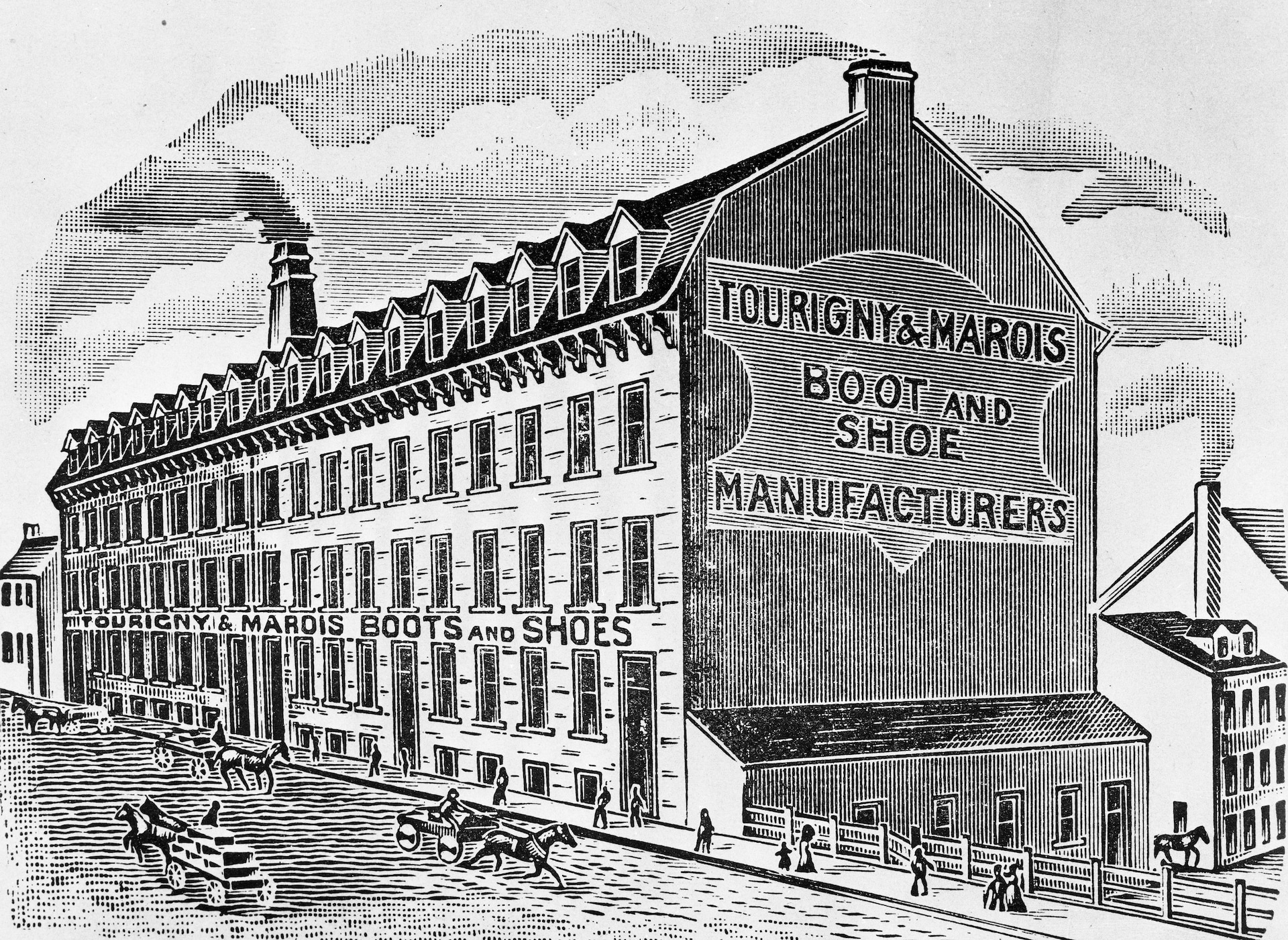 Un dessin montrant la manufacture Tourigny et Marois de la rue Arago, en 1912. Un dessin montrant la manufacture Tourigny et Marois de la rue Arago, en 1912.