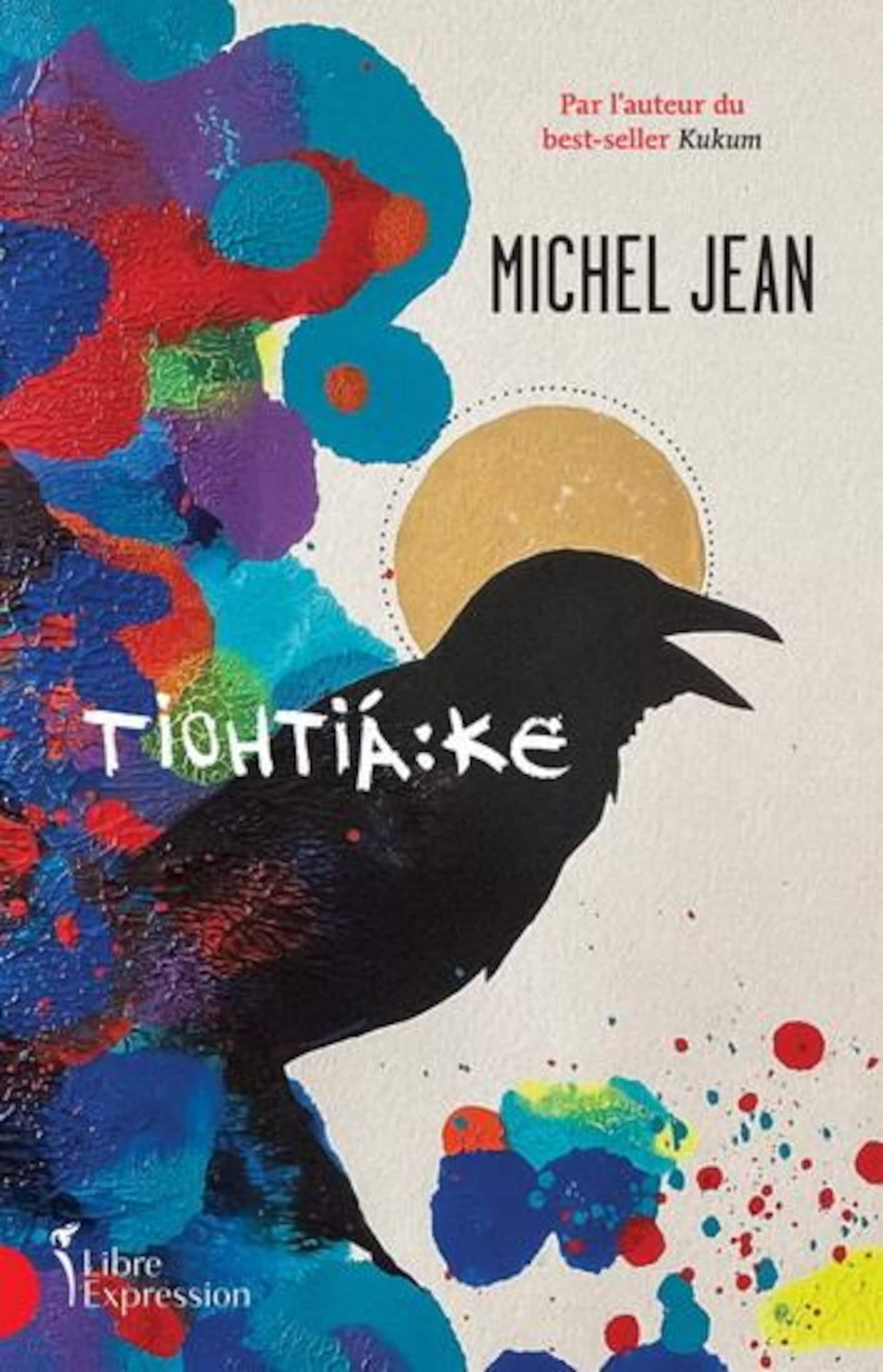 Couverture de roman représentant un corbeau et des taches de plusieurs couleurs. 