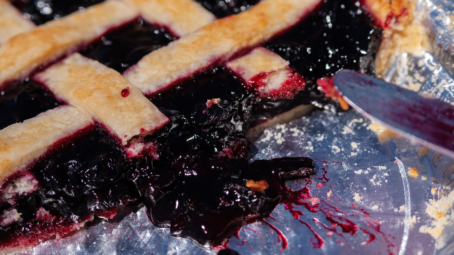 Un morceau de tarte aux camerises dans une assiette en aluminium. Un morceau de tarte aux camerises dans une assiette en aluminium.