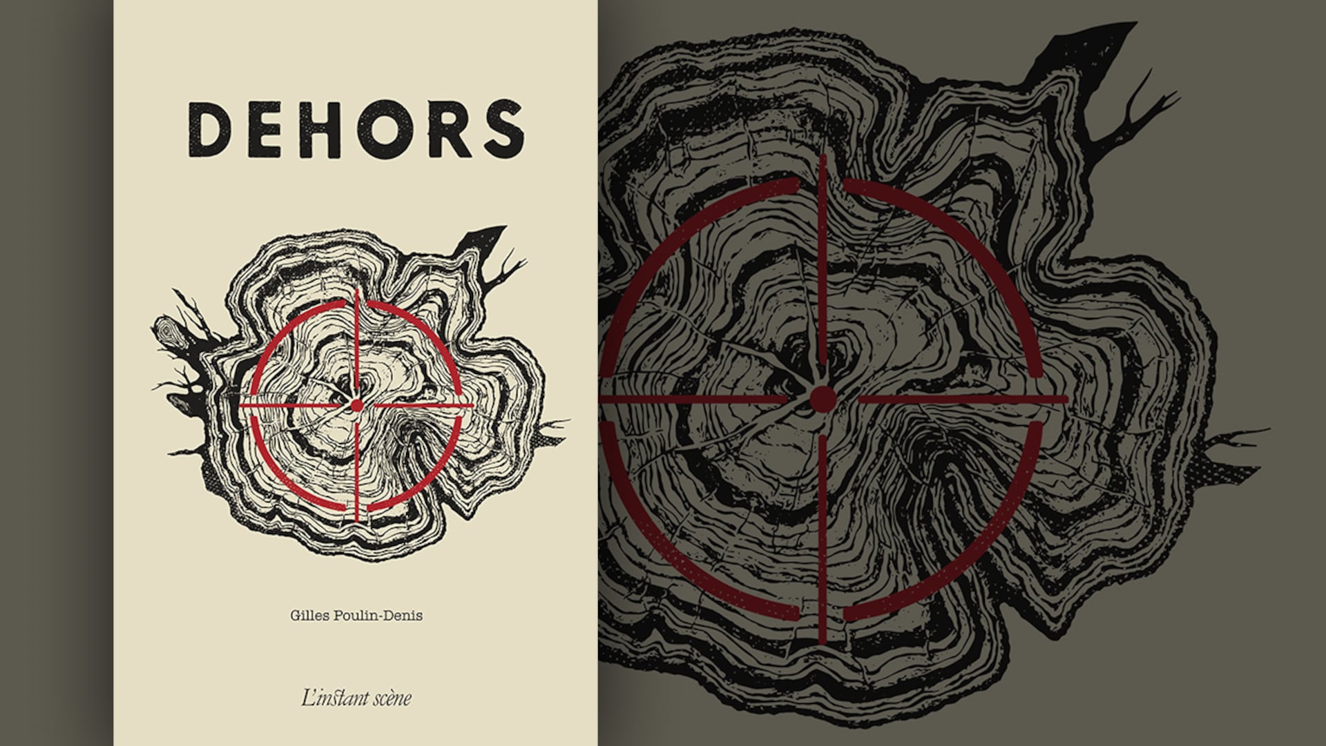 La couverture du livre « Dehors » de Gilles Poulin-Denis : vue en coupe d'une souche d'arbre illustrée sur laquelle est dessinée une cible rouge. La couverture du livre « Dehors » de Gilles Poulin-Denis : vue en coupe d'une souche d'arbre illustrée sur laquelle est dessinée une cible rouge.