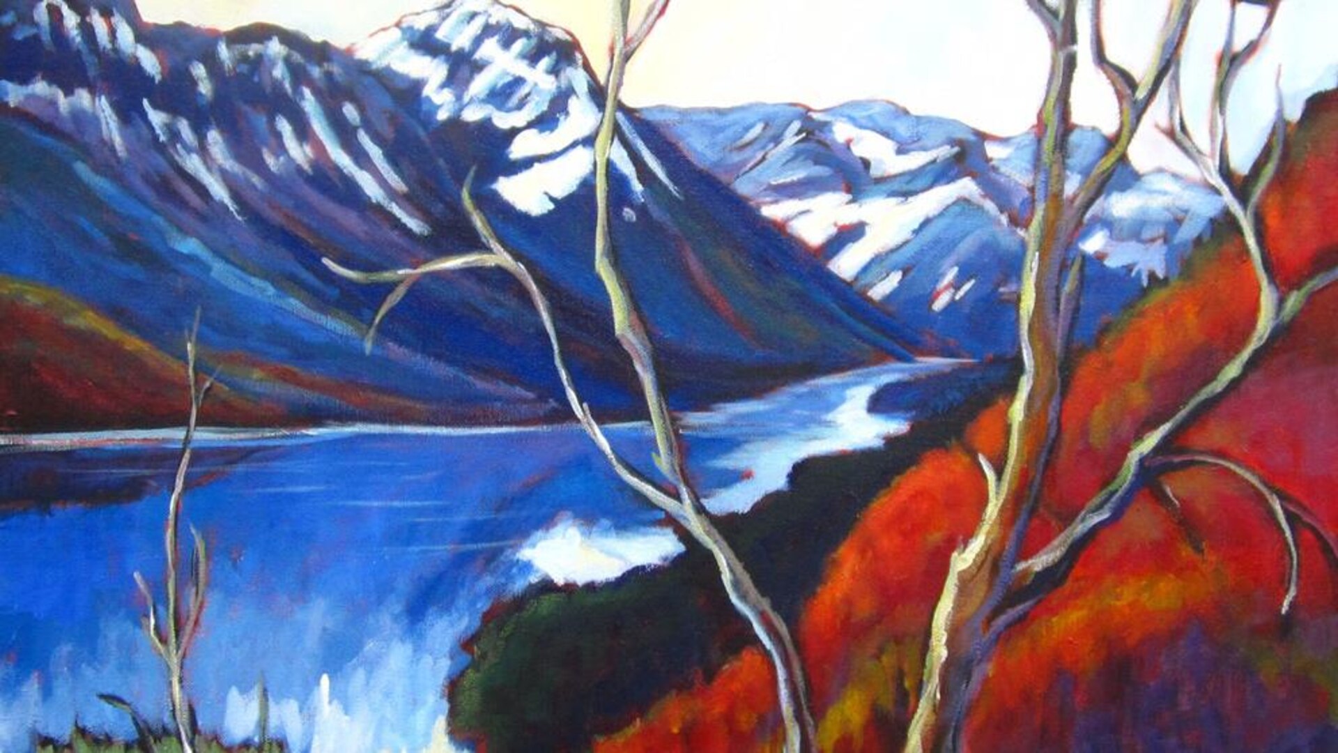 Un tableau de Lyse Deselliers montrant un lac, des montagnes et un arbre.