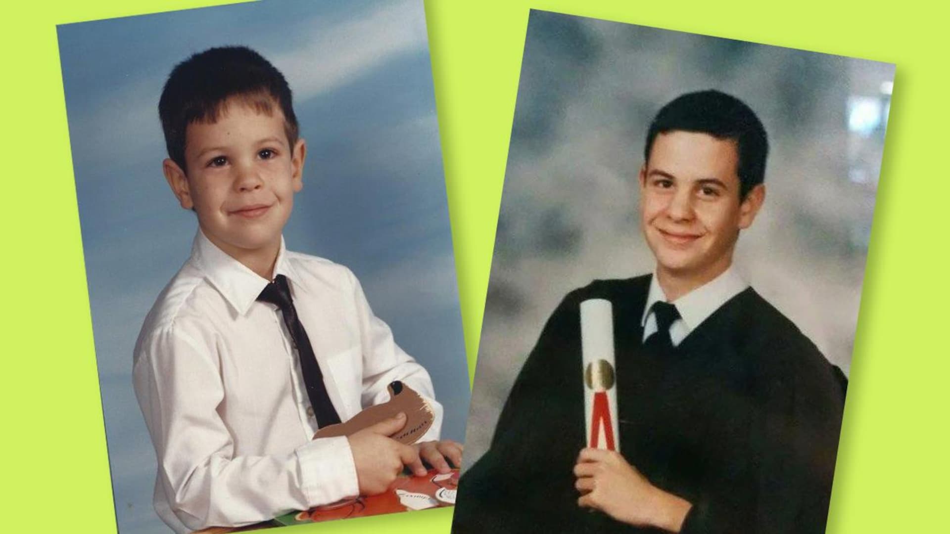 On voit deux photos de lui dans sa jeunesse au primaire et en graduation