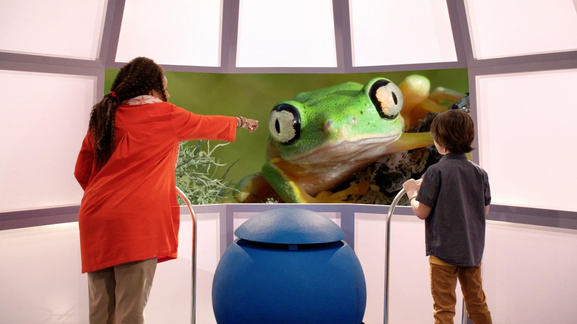 Ils sont de dos et regardent une grenouille en gros plan. Mamigo la pointe du doigt.