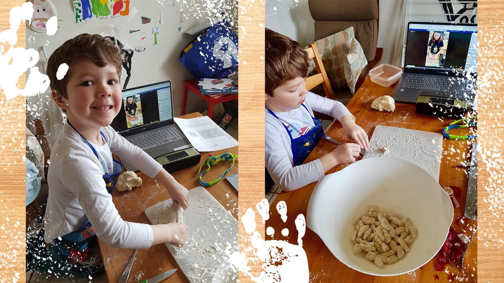 Un petit garçon cuisine avec de la farine