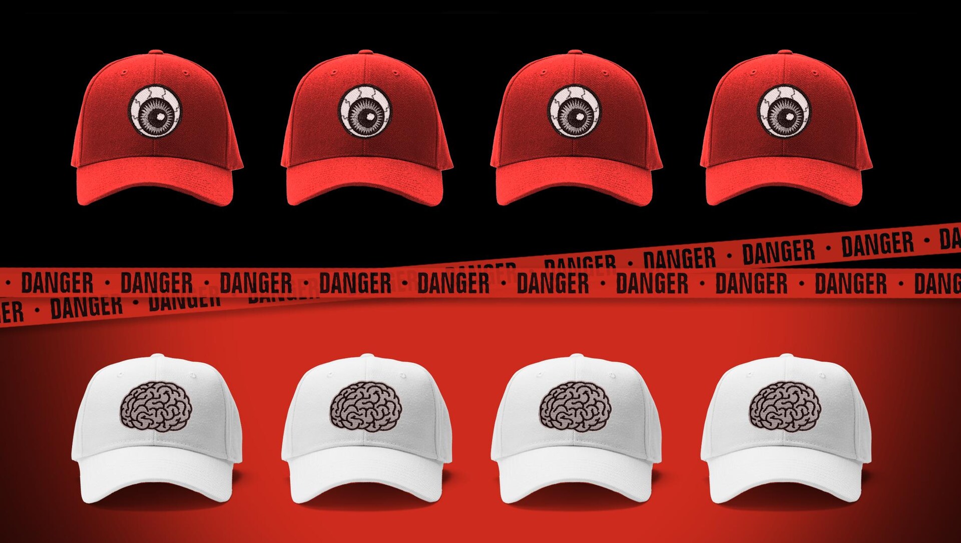 Une rangée de casquettes blanches séparées d’une rangée de casquettes rouges par un ruban où apparaît le mot « danger ». 