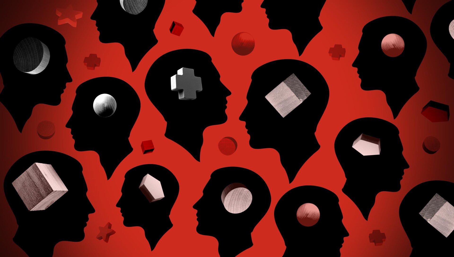 Une multitude de silhouettes de têtes humaines où sont incrustés des symboles différents les uns des autres Une multitude de silhouettes de têtes humaines où sont incrustés des symboles différents les uns des autres