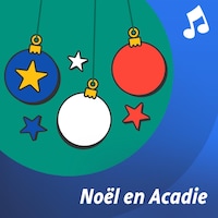 Une boule de Noël suspendue à une branche de sapin artificiel; elle est peinte au couleurs du drapeau acadien, soit bleu avec une étoile jaune, blanc et rouge.