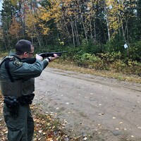 Un agent de conservation du Nouveau-Brunswick tenant un fusil à pompe. Il s'apprête à tirer sur une feuille à l'orée d'une forêt.  