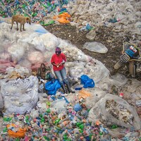 Une photographie de trois hommes et un chien qui parcourent une montagne de déchets en plastique.