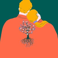 Deux amoureux cousins avec un arbre généalogique dans le dos
