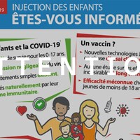 Une capture d'écran d'une image où il est écrit "Injection des enfants : êtes-vous informés?", avec des illustrations de parents, d'enfants et de vaccin. Le mot "ATTENTION" est superposé à l'image.