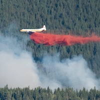 Un bombardier d'eau lâche un produit retardant sur une forêt en feu le long de la Transcanadienne près de Dead Man's Flats, en Alberta.