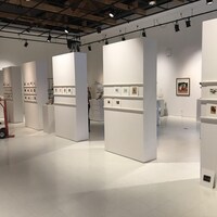 Une salle d'exposition avec des peinture miniatures sur des panneaux. 