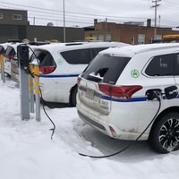 Des voitures électriques sont garées à proximité de bornes de recharge. 