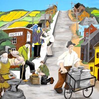 Une murale illustre différents métiers traditionnels : maréchal-ferrant, postier, cordonnier, laitier, tailleur.