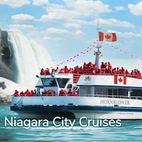 Une page du site web montrant un bateau de croisière au pied des chutes Niagara.