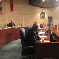 La salle du conseil municipal où tous les élus sont assis.