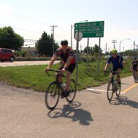 Des cyclistes roulent sur une piste cyclable adjacente à une route.