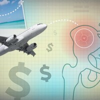 Montage infographique d'une hanche endolorie, d'un avion, de signes de dollars ainsi qu'une photo de la plage