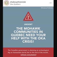 Publication dont le mouvement Shake Up The Establishment fait notamment la promotion, laissant croire de façon erronée qu'Ottawa veut imposer un projet sur un lieu d'enterrement lié à la crise d'Oka.