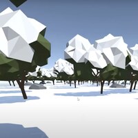Une scène forestière sous la neige composée d'images de synthèses polygonales.