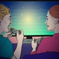 Illustration d'un homme et une femme, vus de dos, qui jouent à un jeux vidéo aux allures rétro.