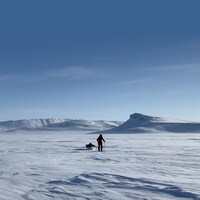 Un aventurier s'avance dans une vaste étendue de neige, skis aux pieds, en traînant derrière lui un traîneau plein de matériel