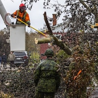 Un travailleur dans une nacelle coupe un arbre renversé sur des fils électriques. Un soldat semble attendre l'occasion de ramasser les branches coupées.