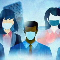 Personnages illustrés portant un masque devant une image des Terrasses-de-la-Chaudière à Gatineau.