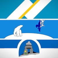 Les deux bandes du drapeau franco-yukonnais, au-dessus, l'ours polaire du drapeau franco-ténois au centre, et l'inukshuk au bas de l'image.