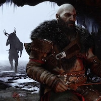 Deux personnages guerriers dans une grotte par temps froid, dans un jeu vidéo. 