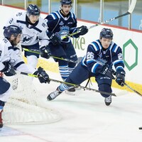 Des joueurs de hockey se disputent la rondelle derrière le filet.