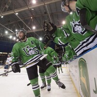 Les Huskies, l'équipe masculine de hockey de l'Université de la Saskatchewan, lors d'un tournoi universitaire le 22 mars 2014.