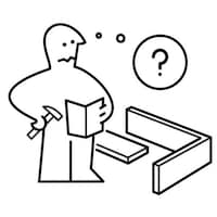 Une image montrant le personnage IKEA tenant un manuel d'instructions et un marteau. Une bulle de réflexion montre qu'il est confus.