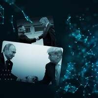 Poignée de mains entre Donald Trump et Vladimir Poutine. En arrière-plan, la même scène avec le dirigeant nord-coréen Kim Jong-un.