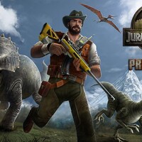 Un personnage de chasseur, armé d'un long fusil, court dans la nature alors qu'il est suivi par deux dinosaures.