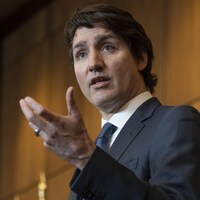 Le premier ministre Justin Trudeau lors de son point de presse, le lundi 21 février 2022.