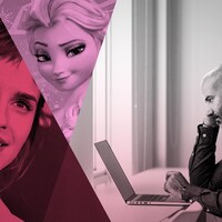 Un montage photo rassemblant la photo d'Emma Watson, le personnage animé de la reine des neiges et le journaliste Kevin Sweet devant son ordinateur portable.