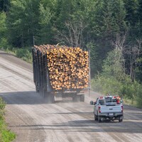 Un camion qui transporte des billots de bois est suivi par une voiture sur une route de gravier.