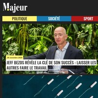 Capture d'écran de la page d'accueil de Majeur.info. Le titre de l'article en une est : « Jeff Bezos révèle la clé de son succès : laisser les autres faire le travail ».