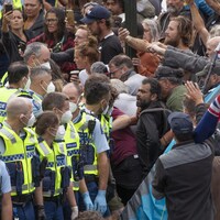 La police arrête des manifestants contre les mesures sanitaires au Parlement à Wellington, en Nouvelle-Zélande.