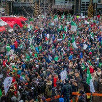 La vue en hauteur d'une foule de manifestants tenant des drapeaux verts et blancs.