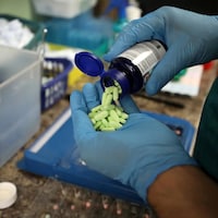 Une personne verse une bouteille de pilule dans un laboratoire.