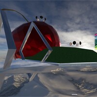 Un univers virtuel avec une colline verte, une grosse cerise et un écran.