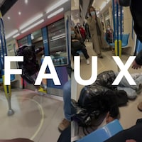 Deux photos côte à côté d'un homme qui s'effondre en entrant dans un wagon de métro à Montréal. Le mot "FAUX" est superposé sur l'image.