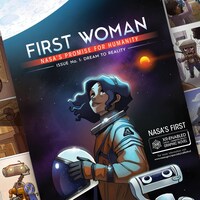 Une jeune femme astronaute sur la couverture d'une bande dessinée avec un robot. 