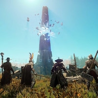 Quatre personnages de guerriers regardent une tour dans un champ. 