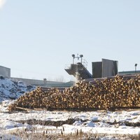 L'usine de Produits Forestiers Résolu de Senneterre avec, aux devants, une centaine d'arbres coupés empilés.
