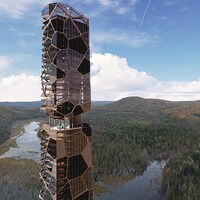 Image générée par la firme d'architecture d'une tour résidentielle haut de gamme dans un secteur forestier.